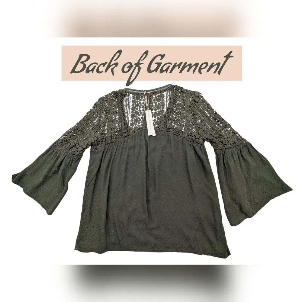 NWT LOVESTITCH Olive Green Sahara Mixed Lace Top Sz Small Rayon Flowy Boho Chic - Picture 10 of 17